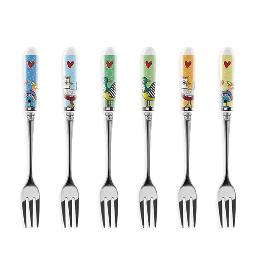 Set 6 Forchettine in acciaio e ceramica decorata "COCORICO'" Egan
