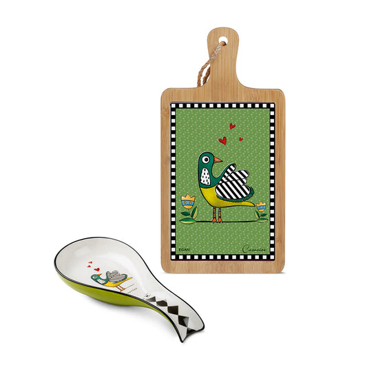 Set Tagliere in bamboo e ceramica + Poggiamestolo in porcellana decorata "COCORICO'" Egan