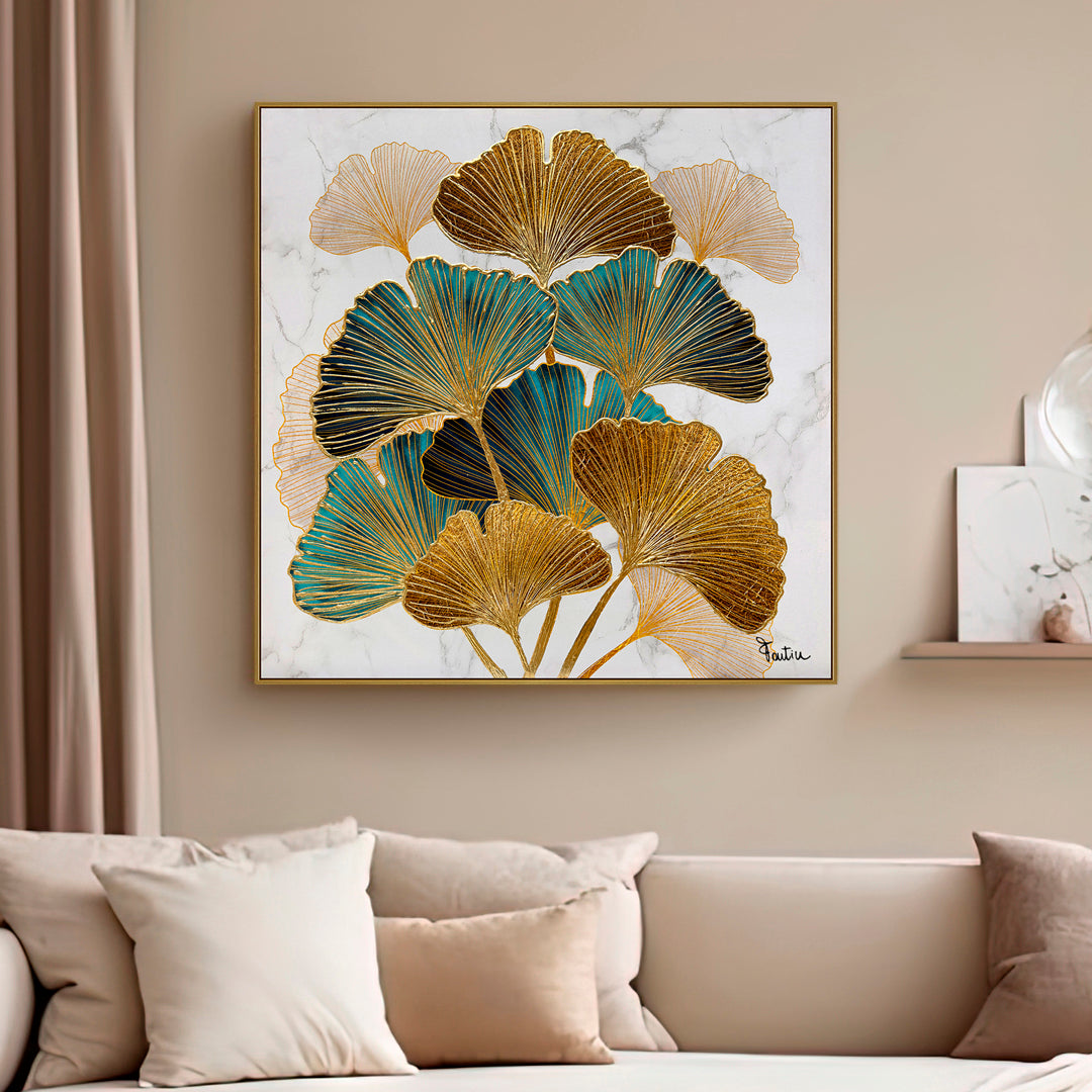 Quadro in tela con cornice in legno "FOGLIE DI GINKGO" Fantin Argenti