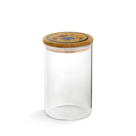 Barattolo in vetro borosilicato e coperchio in bamboo e ceramica decorata "COCORICO'" Egan