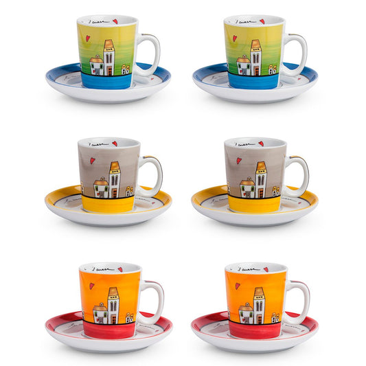 Set 6 tazze caffè con piattino in porcellana decorata LE CASETTE Egan