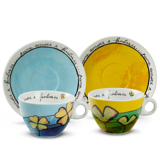 Set 2 tazze cappuccino con piattino in porcellana decorata PANE AMORE E FANTASIA Egan