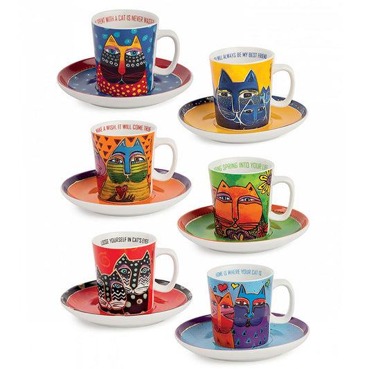 Set 6 tazze caffè con piattino in porcellana decorata LAUREL BURCH FANTASTIC FELINES Egan