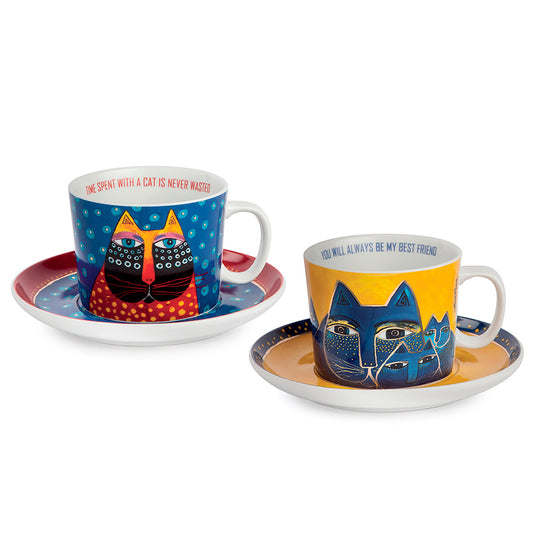 Set 2 tazze cappuccino con piattino in porcellana decorata LAUREL BURCH FANTASTIC FELINES Egan