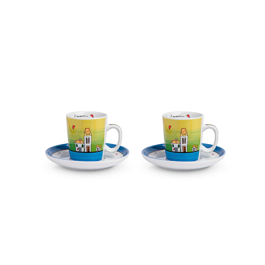 Set 2 Tazze caffè e zuccheriera in porcellana decorata LE CASETTE Egan