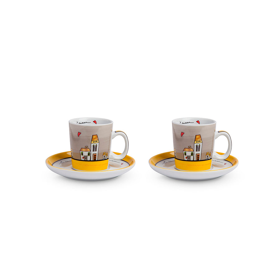 Set 2 Tazze caffè e zuccheriera in porcellana decorata LE CASETTE Egan