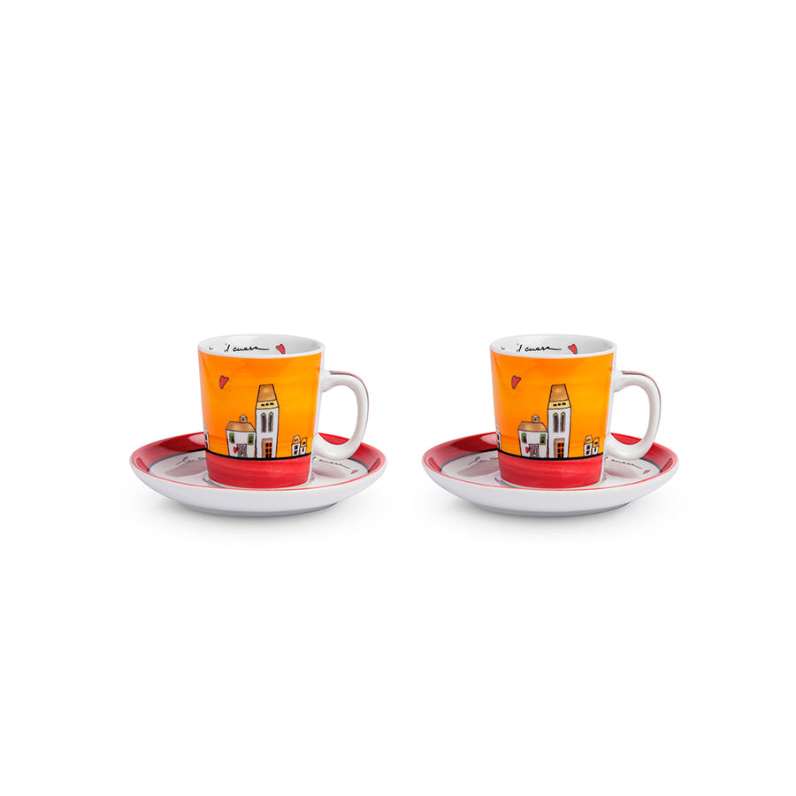 Set 2 Tazze caffè e zuccheriera in porcellana decorata LE CASETTE Egan