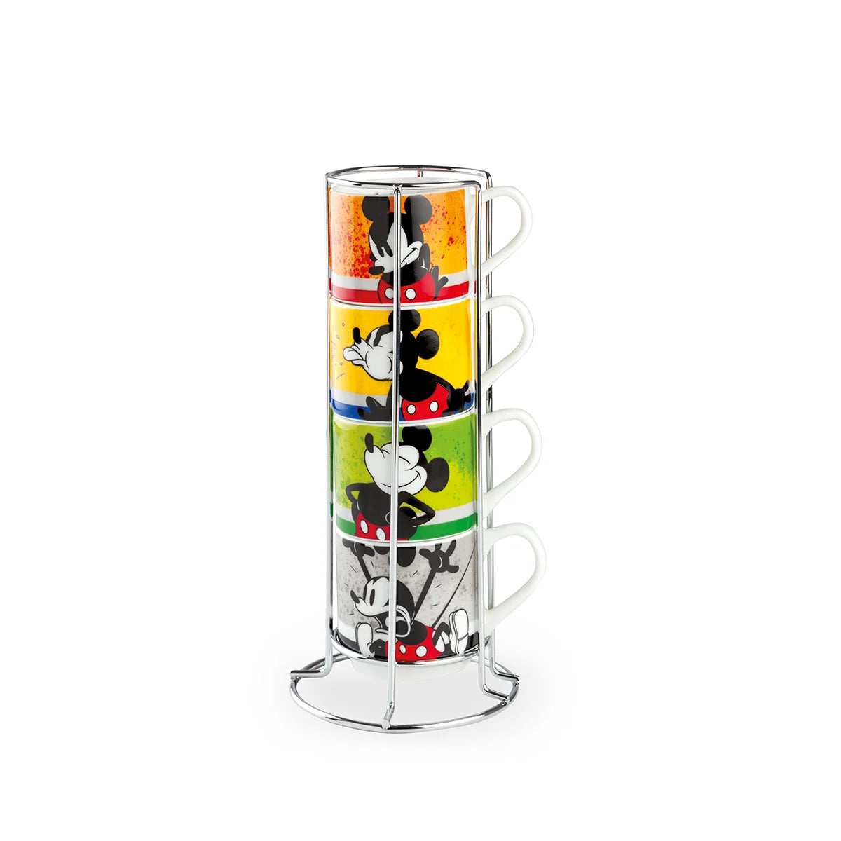 Set 4 tazzine caffè impilabili in porcellana decorata con metalrack Disney Mickey Mouse "I AM!" Egan