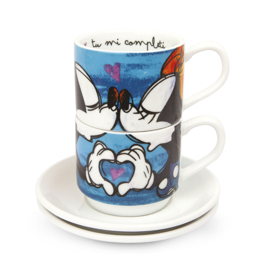 Set 2 tazze caffe' impilabili con piattino in porcellana decorata DISNEY "LOVE SWEET LOVE" Egan
