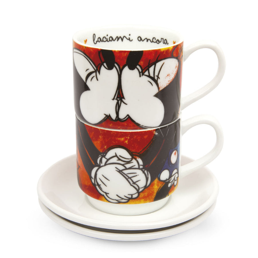 Set 2 tazze caffe' impilabili con piattino in porcellana decorata DISNEY "LOVE SWEET LOVE" Egan