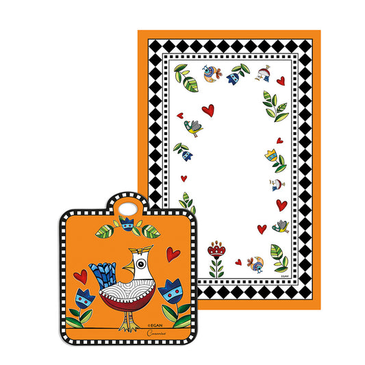 Set Canovaccio in cotone stampato e Sottopentola in ceramica decorata "COCORICO'" Egan