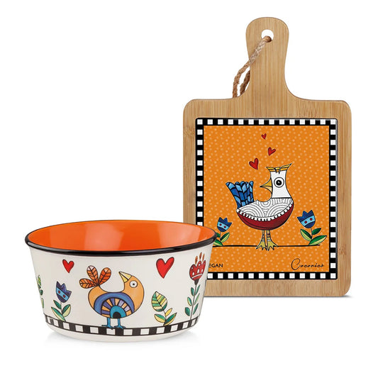 Set Tagliere in ceramica e legno con Bowl in porcellana decorata COCORICO' Egan