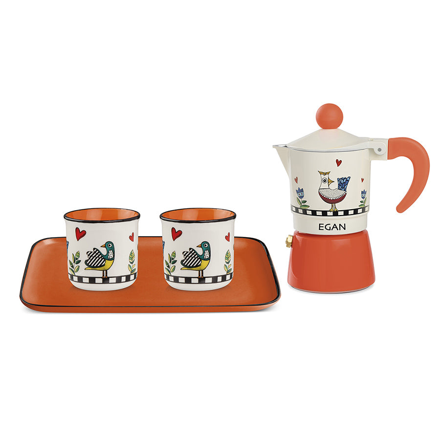 Set Vassoio con 2 Bicchierini caffè in porcellana decorata e Caffettiera moka in alluminio "COCORICO'" Egan