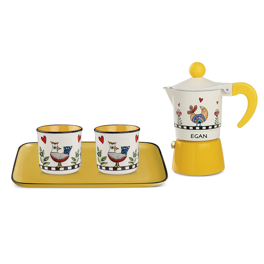 Set Vassoio con 2 Bicchierini caffè in porcellana decorata e Caffettiera moka in alluminio "COCORICO'" Egan