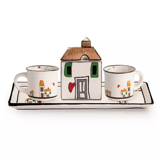 Set 2 tazze caffè con vassoietto e zuccheriera in porcellana decorata LE CASETTE Egan