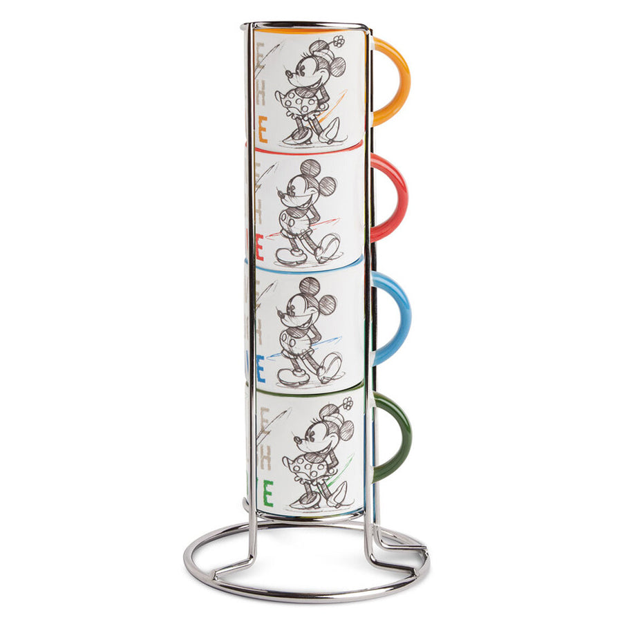 Set 4 mini mug in porcellana decorata con metal rack LIVE LAUGH LOVE Egan