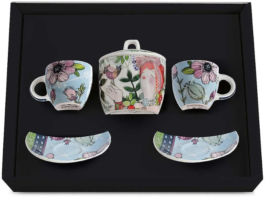 Set 2 tazze caffè con zuccheriera in porcellana decorata "LE PUPAZZE" Egan