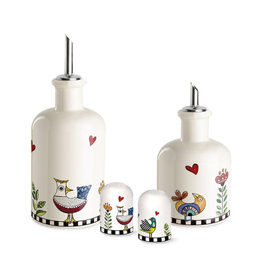 Set Olio/Aceto + Sale/Pepe in porcellana decorata “Cocoricò” Egan