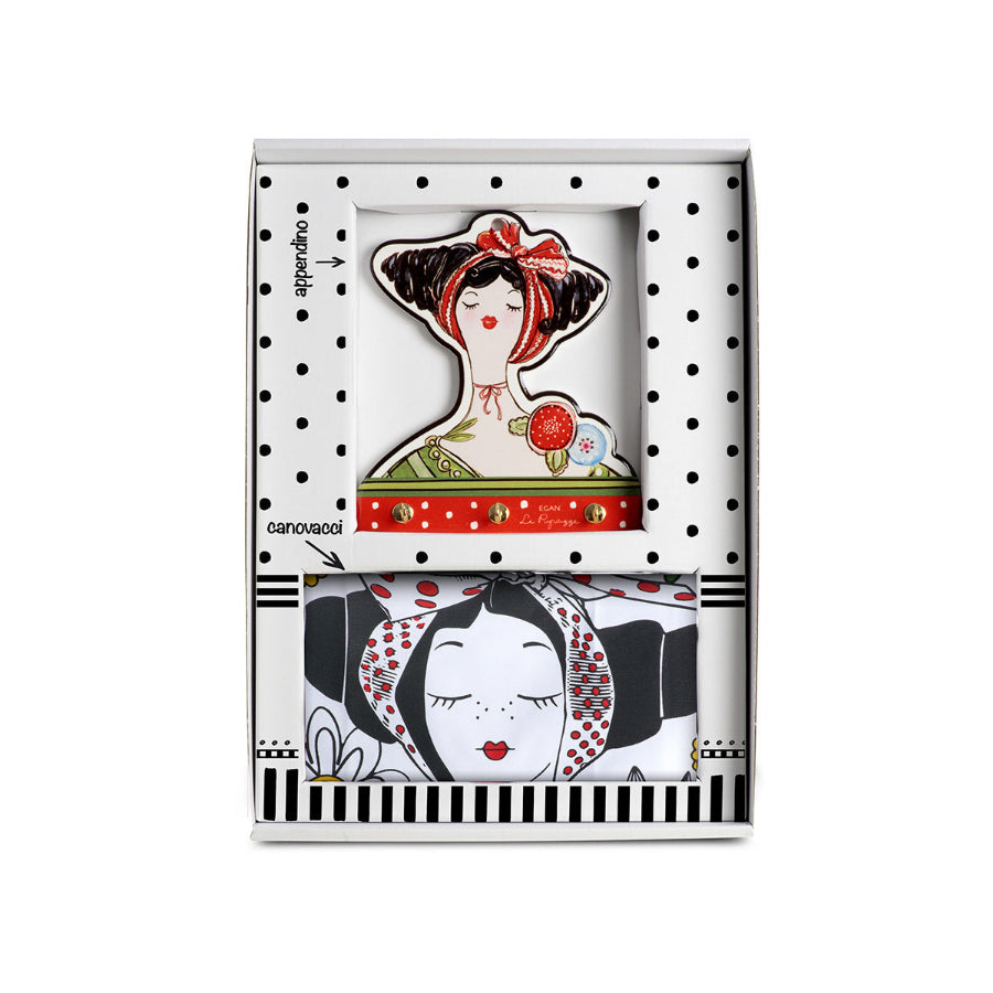 Set Appendino Rosso in ceramica decorata e 2 Canovacci in cotone stampato "LE PUPAZZE" Egan