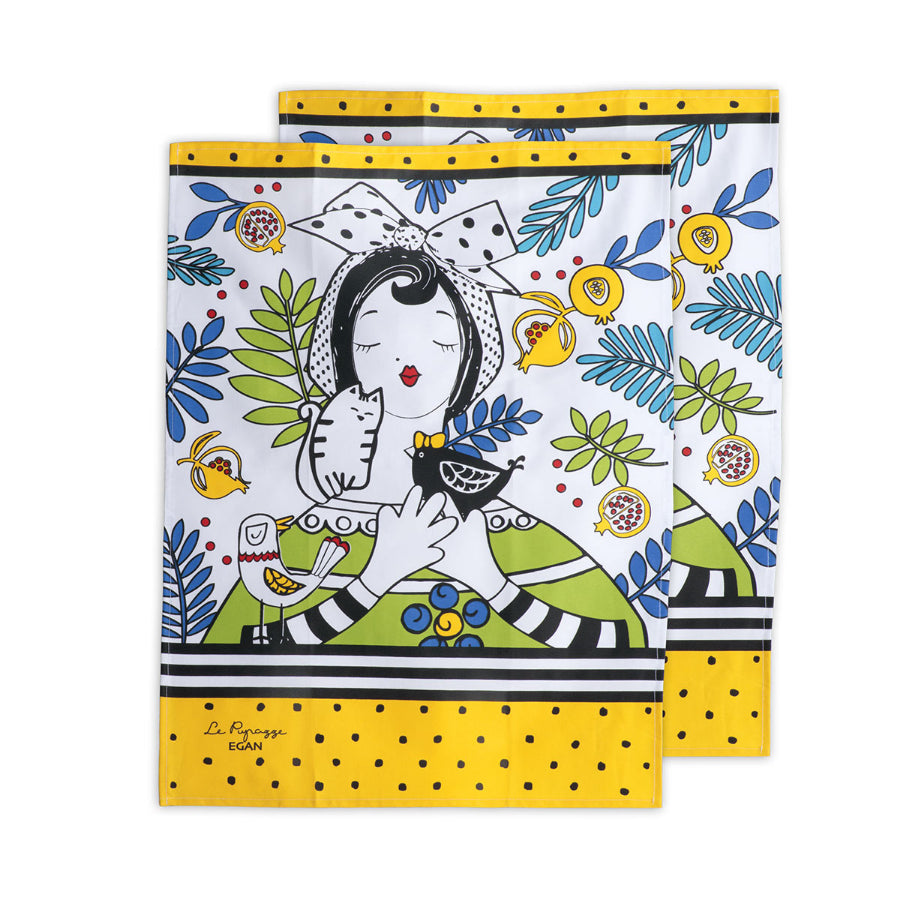Set Appendino Giallo in ceramica decorata e 2 Canovacci in cotone stampato "LE PUPAZZE" Egan