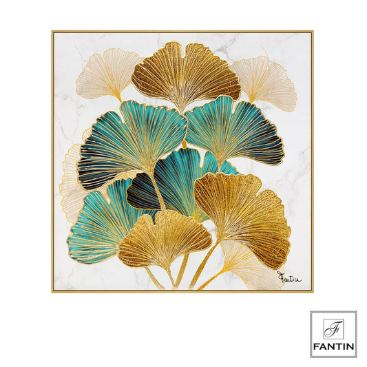 Quadro in tela con cornice in legno "FOGLIE DI GINKGO" Fantin Argenti
