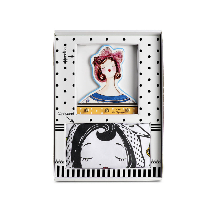 Set Appendino Giallo in ceramica decorata e 2 Canovacci in cotone stampato "LE PUPAZZE" Egan