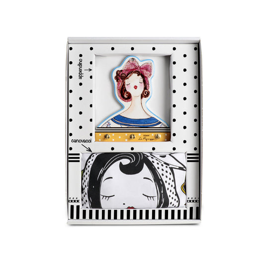 Set Appendino Giallo in ceramica decorata e 2 Canovacci in cotone stampato "LE PUPAZZE" Egan