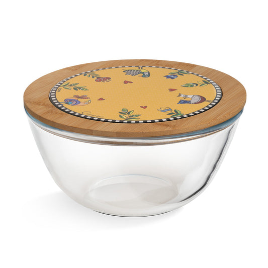 Insalatiera in vetro con coperchio in bamboo e ceramica decorata "COCORICO'" Egan