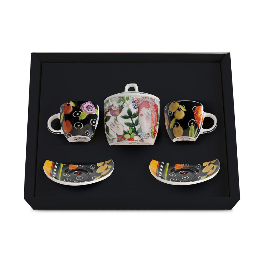 Set 2 tazze caffè con zuccheriera in porcellana decorata "LE PUPAZZE" Egan