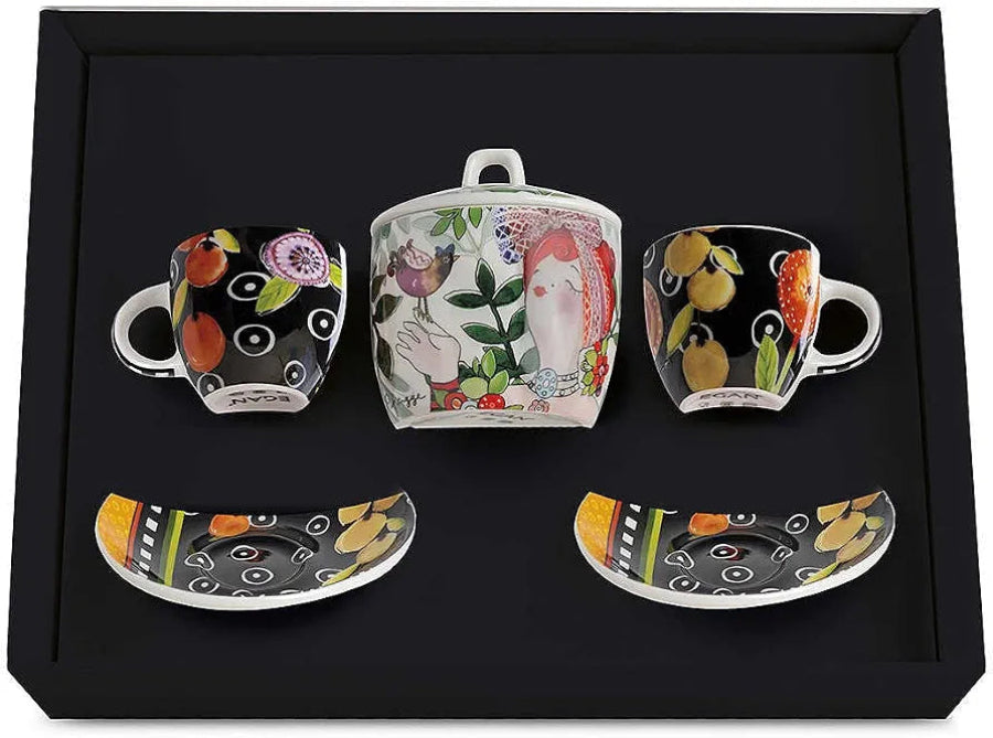 Set 2 tazze caffè con zuccheriera in porcellana decorata "LE PUPAZZE" Egan