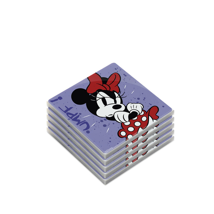 Foto di ambientazione con cinque sottobicchieri Minnie Mouse I AM viola Egan