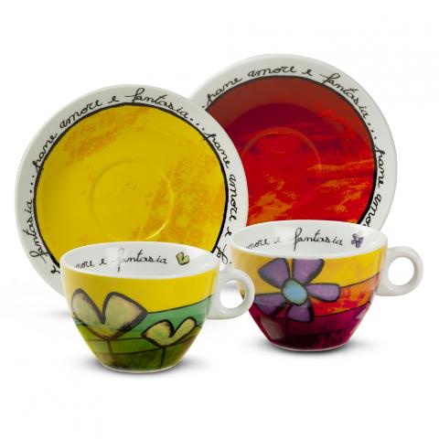 Set 2 tazze cappuccino con piattino in porcellana decorata PANE AMORE E FANTASIA Egan